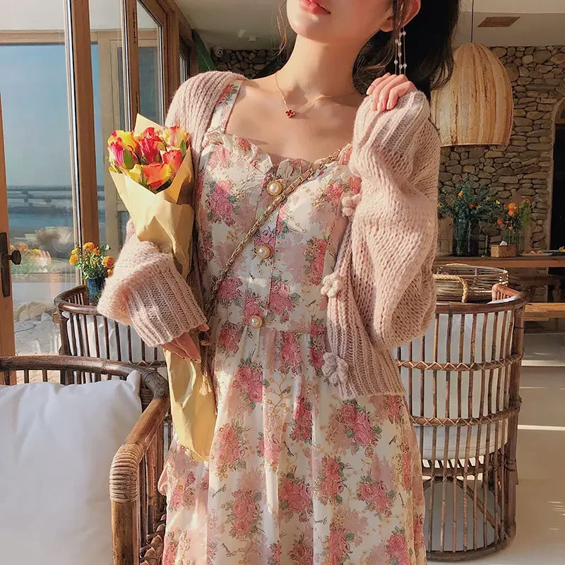 Summer French Sweet Fairy Dress Women Elegant Pearl Button Floral Print Ruffles Party Female Kawaii Korean Cottagecore Dresses