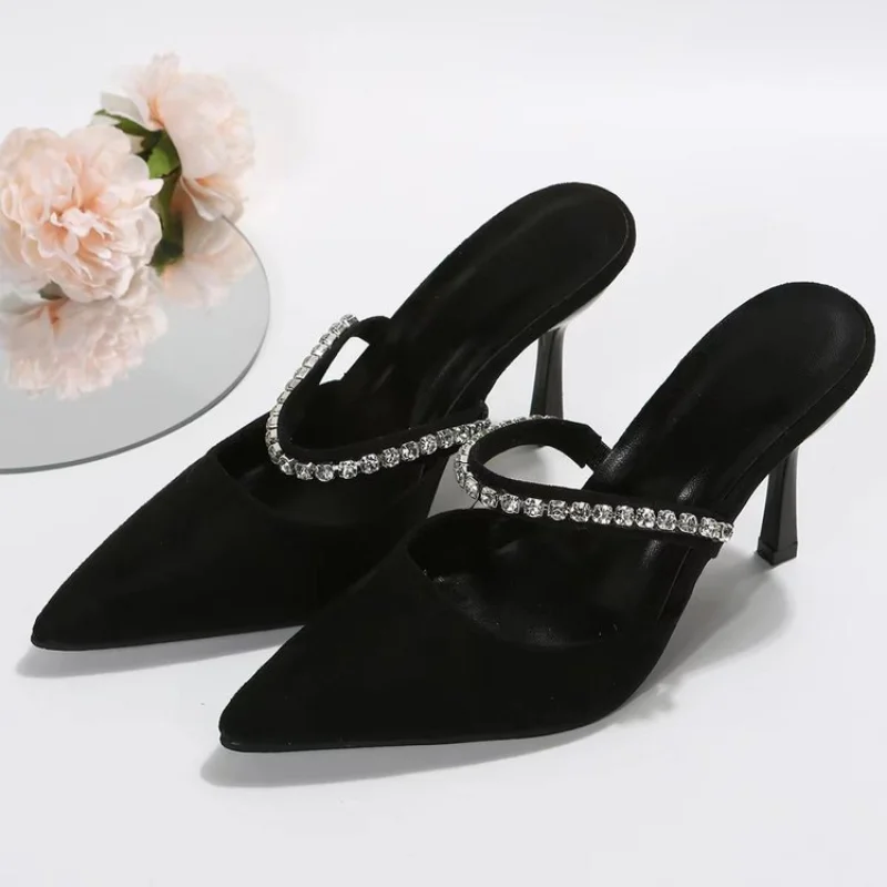 Black high-heeled shoes women's spring stiletto pointed toe pumps satin rhinestone glitter mules pumps women high heels