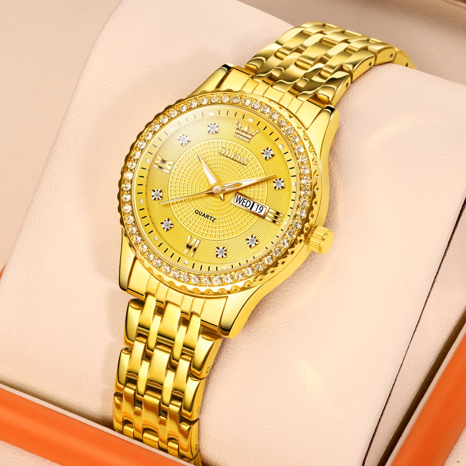 

OLEVS Лидирующий бренд, золотые женские часы, модные водонепроницаемые наручные часы из нержавеющей стали, бриллиантовые светящиеся часы с циферблатом для женщин, дата недели