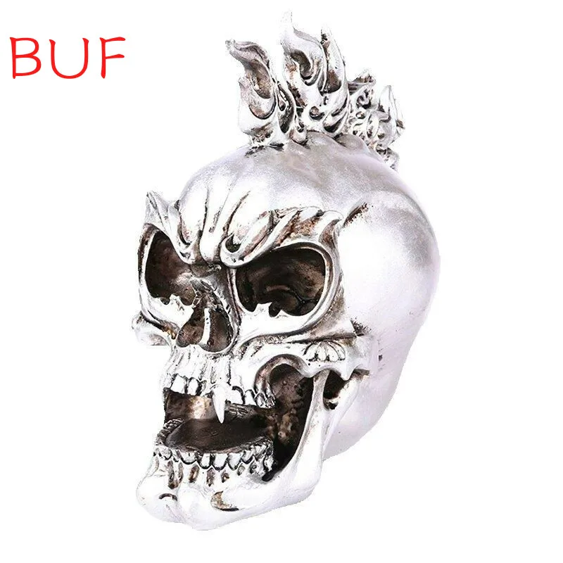 

Silver Resin Skull Statue Home Decor Crafts Ornaments Sculpture Halloween Decoration Accessories Desktop Decorative Figurine