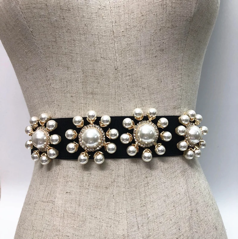 

Women's Runway Fashion Pearl Beaded Elastic Cummerbunds Female Dress Corsets Waistband Belts Decoration Narrow Belt R211