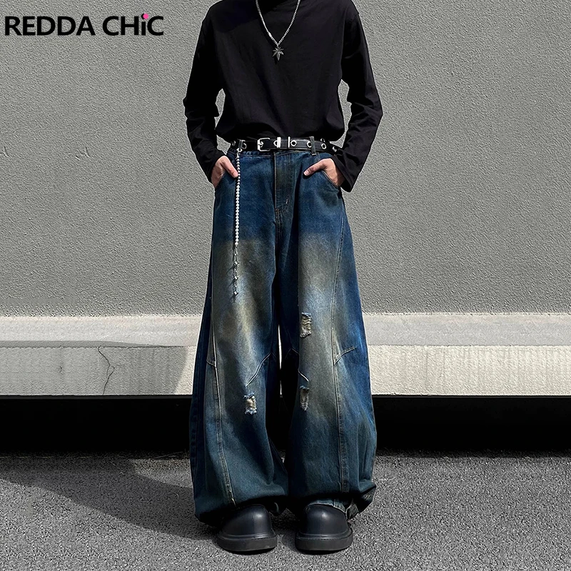 

REDDACHIC Men Upside Down Ripped Baggy Jeans Dirty Wash Patchwork Distressed Blue Vintage Wide Leg Pants Harajuku Streetwear