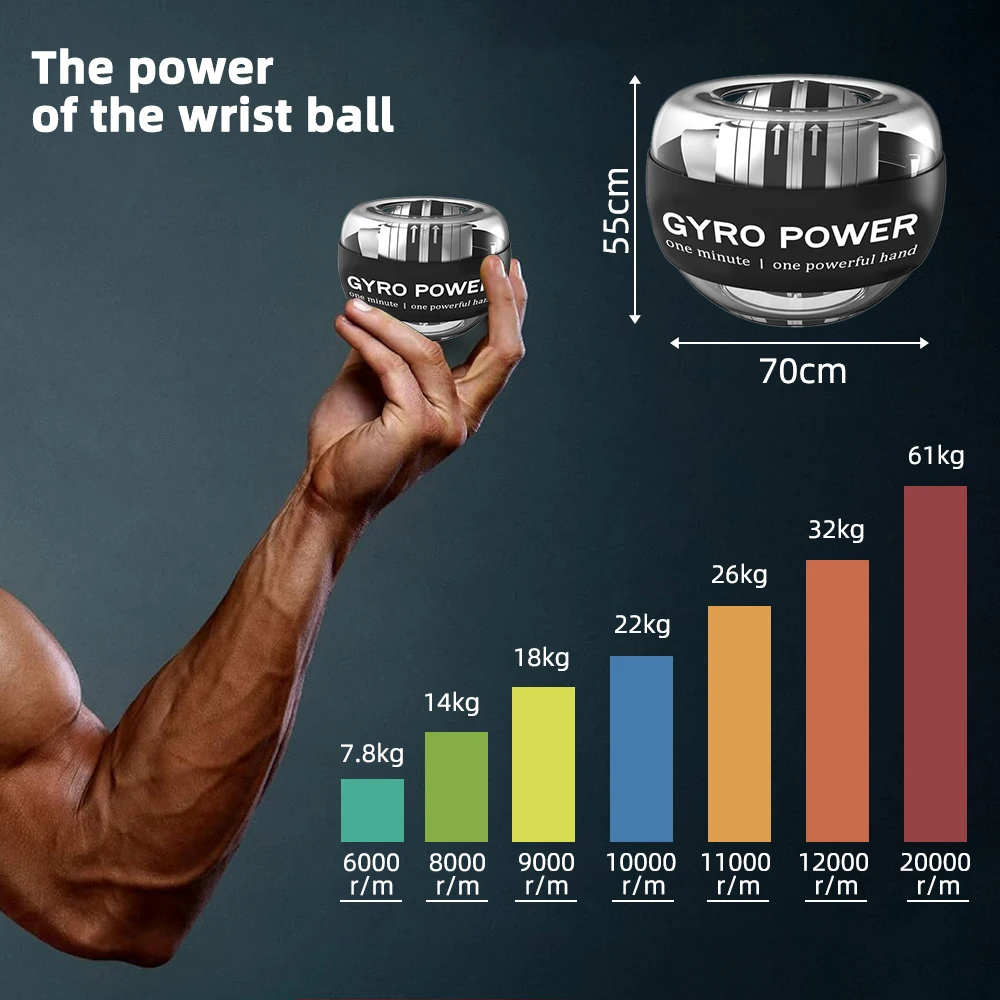 LED Gyroscopic Powerball Autostart Range Gyro Power Wrist Ball Self Start Fitness Exercise Equipment Arm Hand Muscle Trainer