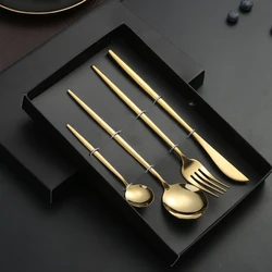 4-piece set Gold Dinnerware Tableware Set Mirror Stainless Steel Cutlery Kitchen Knife Fork Spoon Restaurant Wedding FlatwareSet