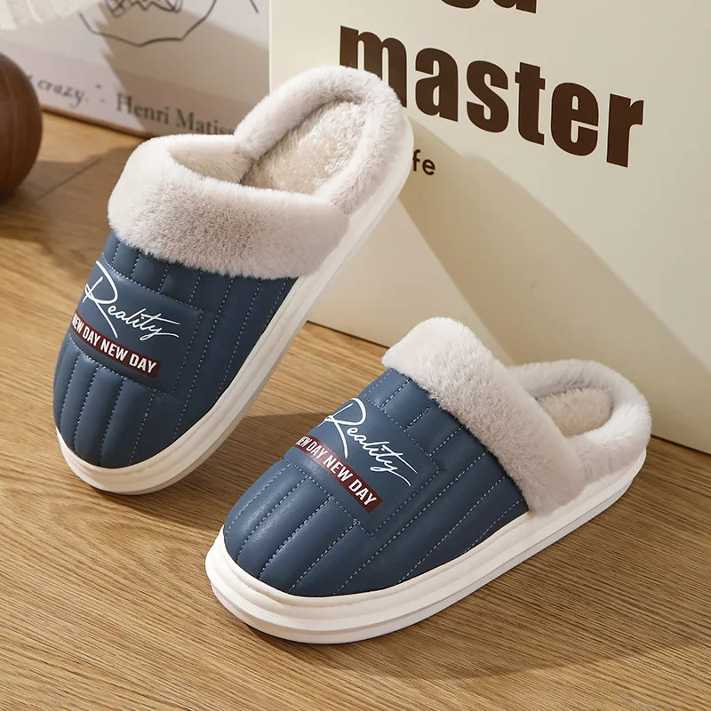 

Waterproof furry slides comfort indoor cotton shoes men slippers Men's winter PU leather slippers