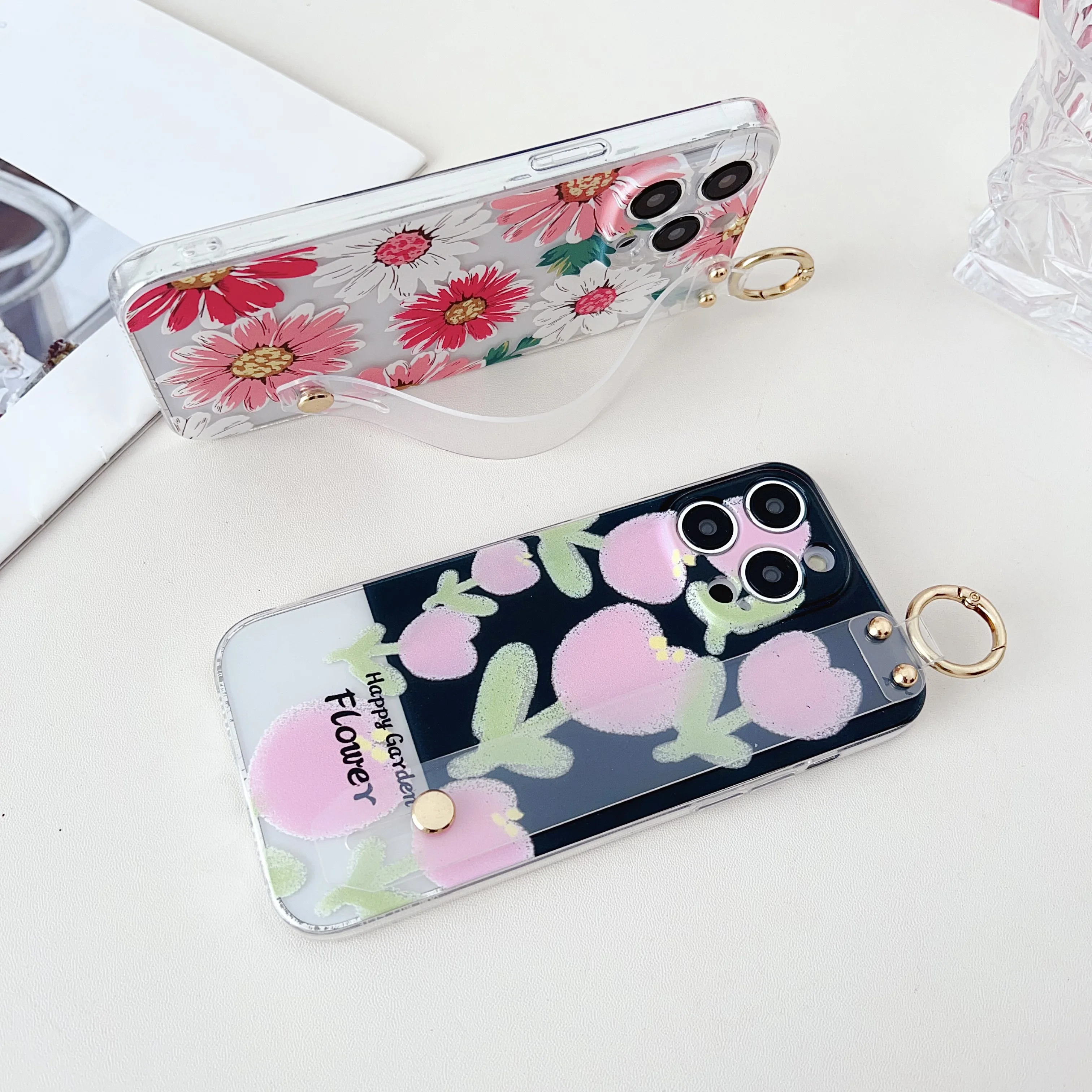 Floral Design Wrist Strap Phone Case - Fashion Edition