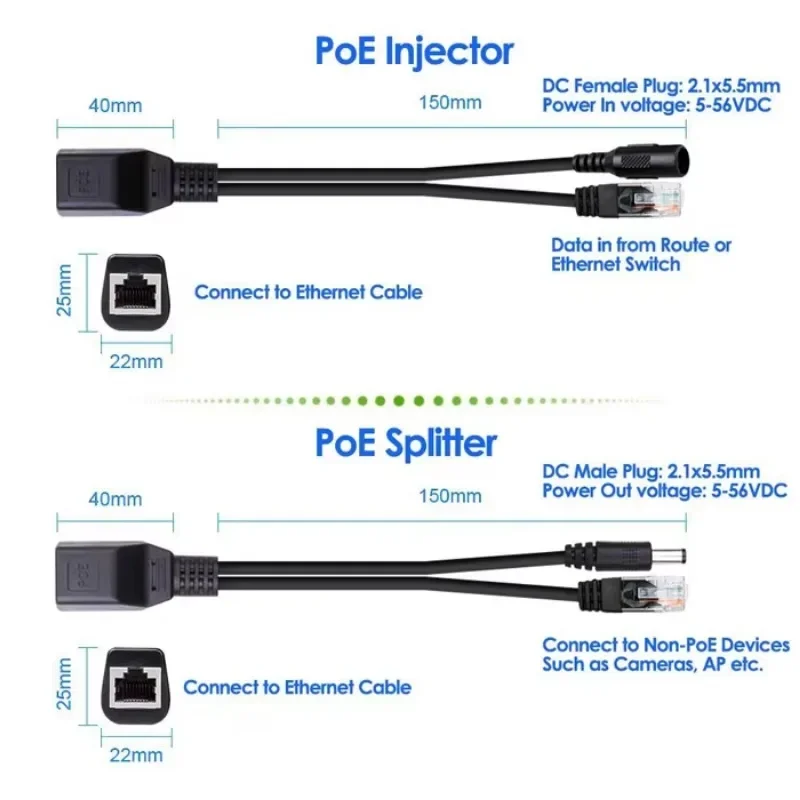 1 Male To 2 Female 2 Ways POE Cable Passive Power Over Ethernet Adapter Cable RJ45 Injector Power Supply Module for IP Camea 6