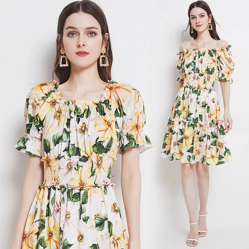 

2022 New Summer Women Sexy Slash Neck Short Sleeve Slim Mini Dress High Quality Sweet Floral Big Hem Party Dress