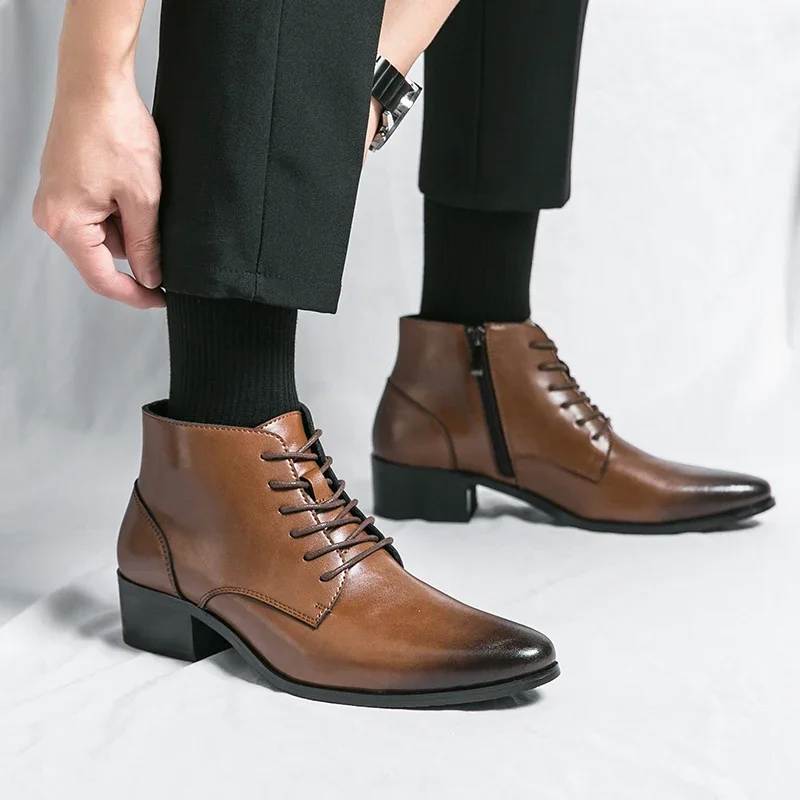 Chelsea Boots Men's Pointed Brown Black Double layered Cowhide Side Zipper Formal Business Casual Leather Shoes 38-44 Male Boots