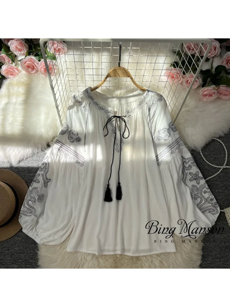 

2023 Spring and Autumn Retro Ethnic Style Lantern Long Sleeve Round Neck Embroidery Art Shirt Women's Casual Loose Slim Top