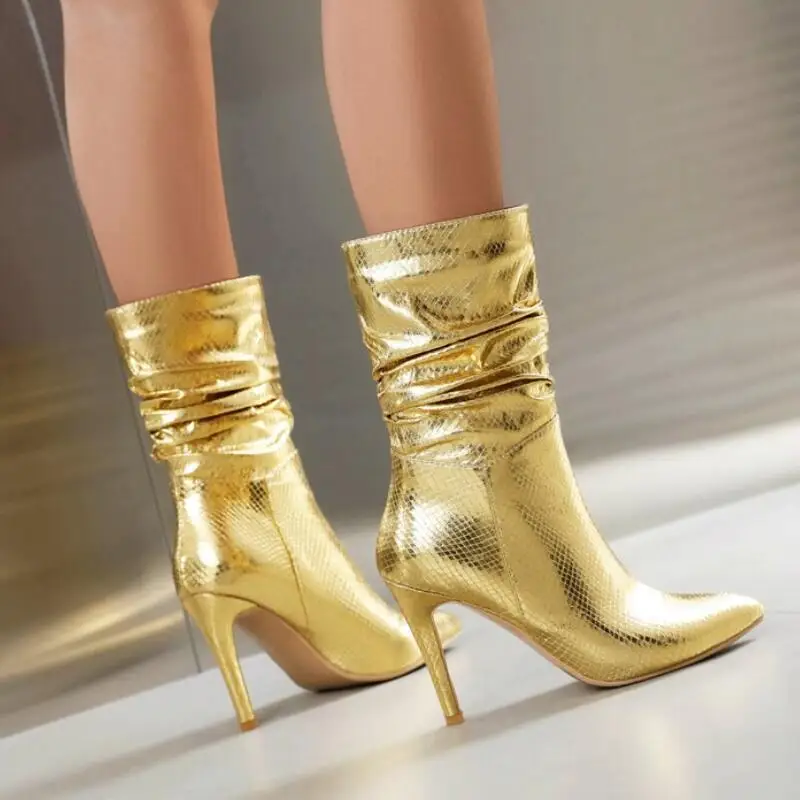 

Embossed Metal Leather Pleated Short Boots 2023 Autumn New Sexy Thin High Heel Pointed Toe Women's Shoes Gold Silver Oversize 45