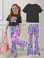 Ensemble 2 pièces pour filles - Tenue de concert K-Pop 2026 - T-shirt graphique noir et pantalon évasé à imprimé personnage pastel pour enfants 2