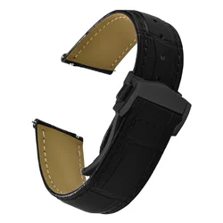 Premium Leather Watch Strap with Solid Deployment Buckle - Unisex Luxury Watch Accessory - 21mm (Black with Buckle 2)