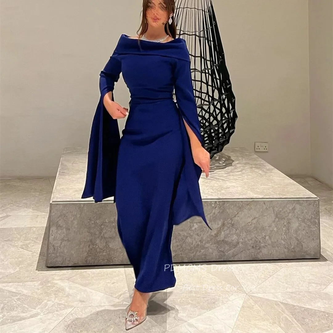 Royal Blue Halter Sheath Formal Dress Floor Length Evening Gown with Gloves Cape main image 1