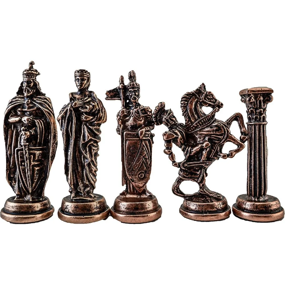 Antique Copper Metal Chess Set for Adults,Handmade Pieces and Natural Solid Wooden Chess Board with Storage Inside King 3.35inc