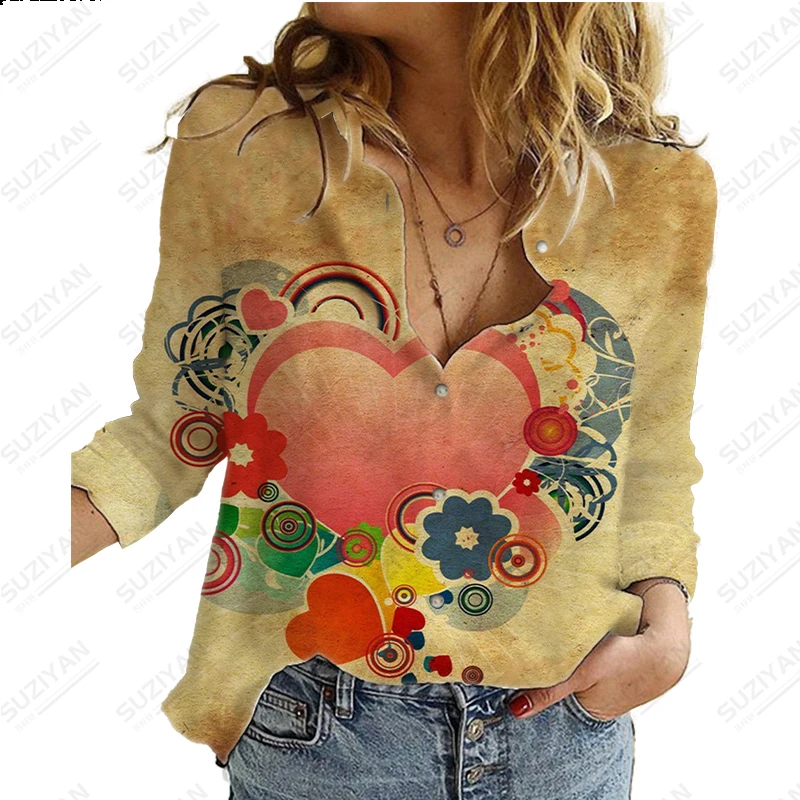 

Autumn Sunscreen Shirt Long Sleeve Shirt 3D Printing Simple Love Harajuku Loose Relaxed Comfortable Button Shirt Summer