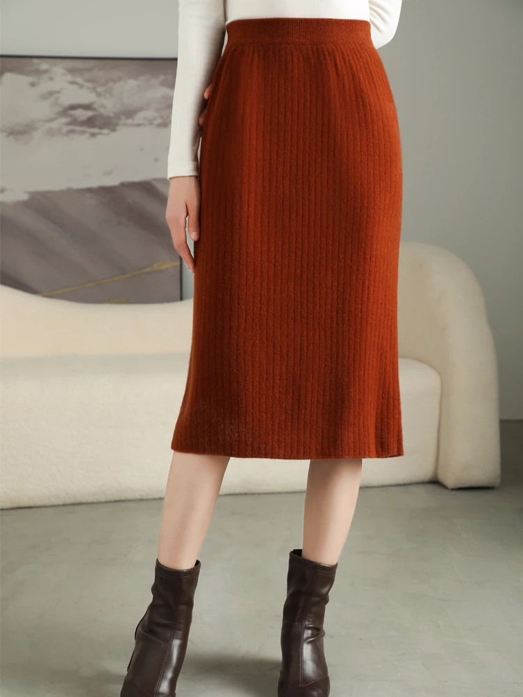 Autumn and Winter New Women's Skirt High Waist Sunken Stripe Split Cashmere Skirt Fashionable All-Match Skirt Trendy Style