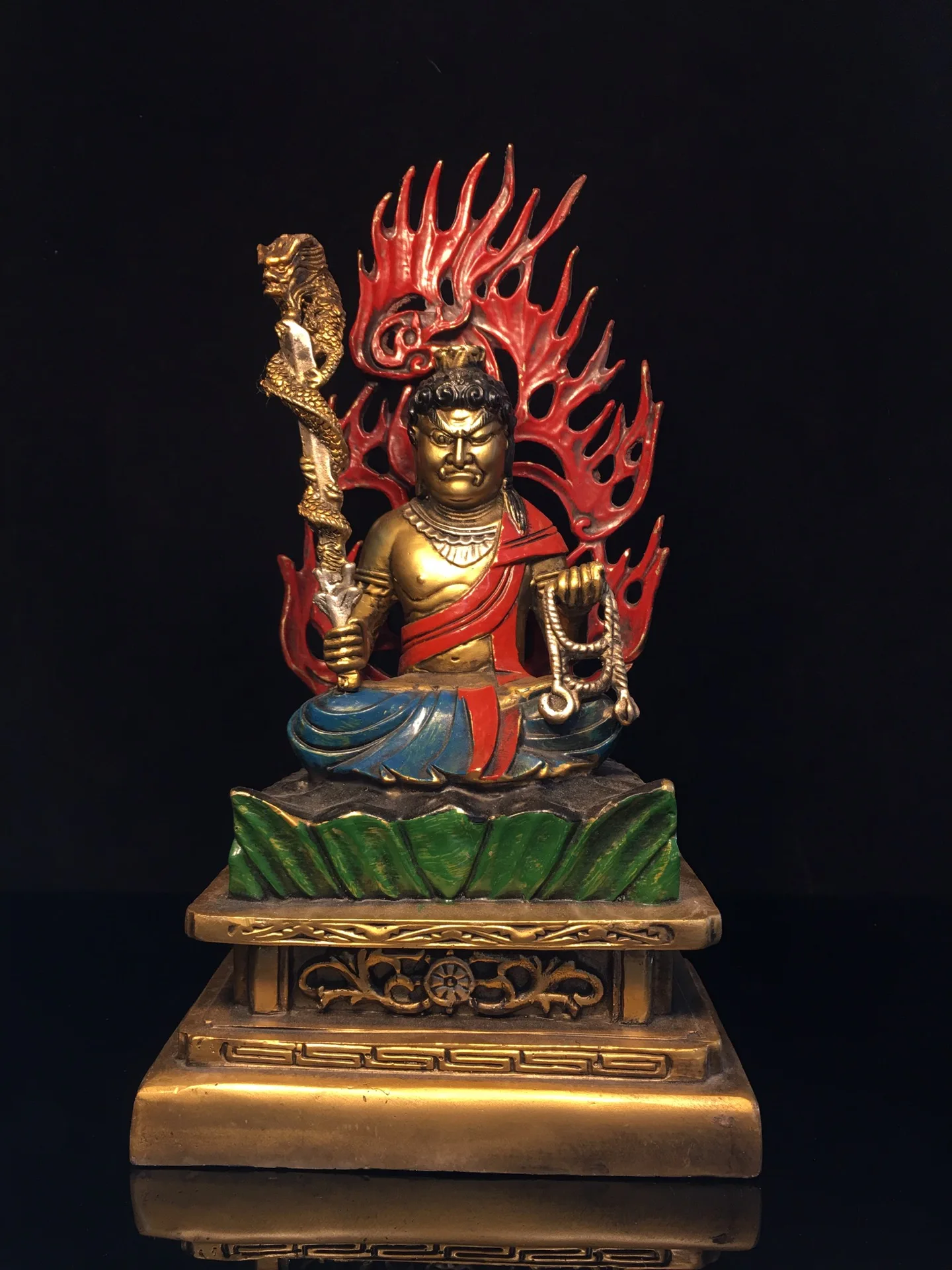 

12"Tibet Temple Collection Old Bronze Painted Acalanatha Fudo Myoo Buddha Platform Backlit Buddha Worship Hall Town house