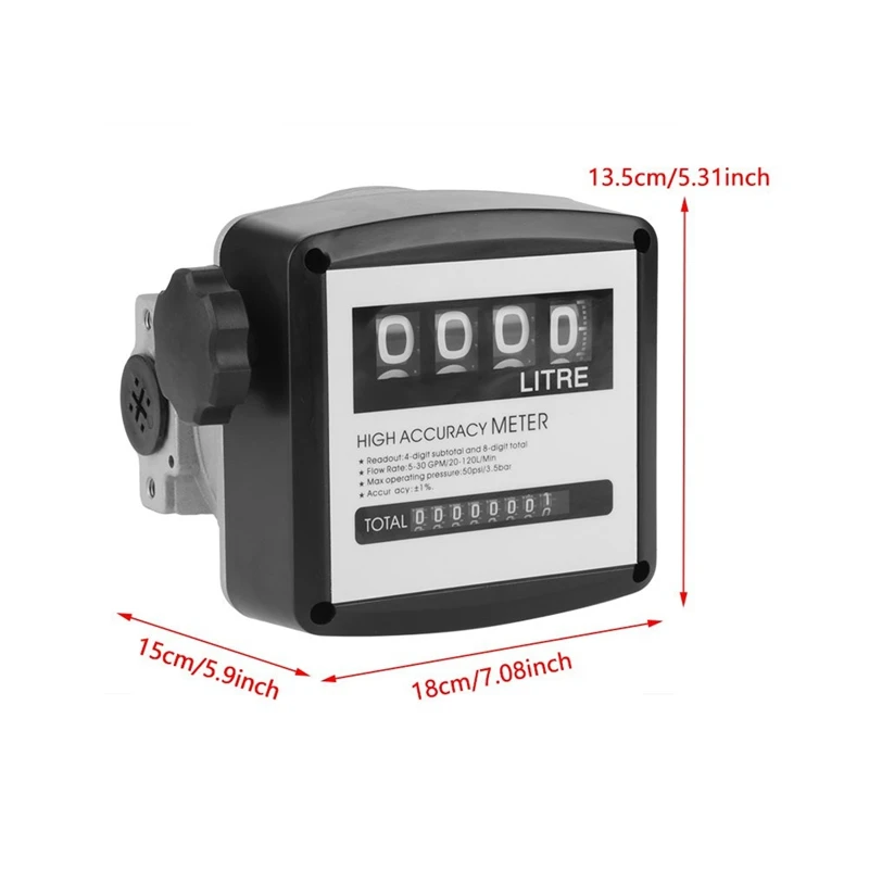 High Accuracy Mechanical Fuel Gauge 4Digit Fuel Flowmeter Digital Diesel Gasoline Flow Meter Internal Thread,5-30GPM/20-120L/Min