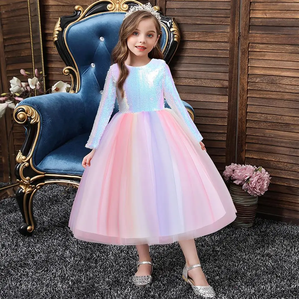 

Fashion Catwalk Show Color Dress Children's Party Princess Dress Girls Round Neck Long Sleeve Sequins