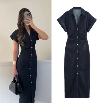 ETJ 2025 Spring New 1975 series denim MIDI dress with lapel side zipper fashion wrinkle waist slim elegant dress 1