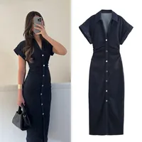 ETJ 2025 traf Spring New 1975 series denim MIDI dress with lapel side zipper fashion wrinkle waist slim elegant dress 1