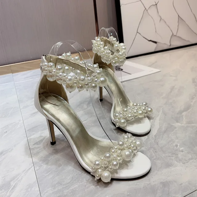 Women's Designer Shoes Stain Embellished Pearl Leather Sandals Nude Heels  For Wedding Sandals Ankle Strap Stiletto Heels 2023 - Pumps - AliExpress