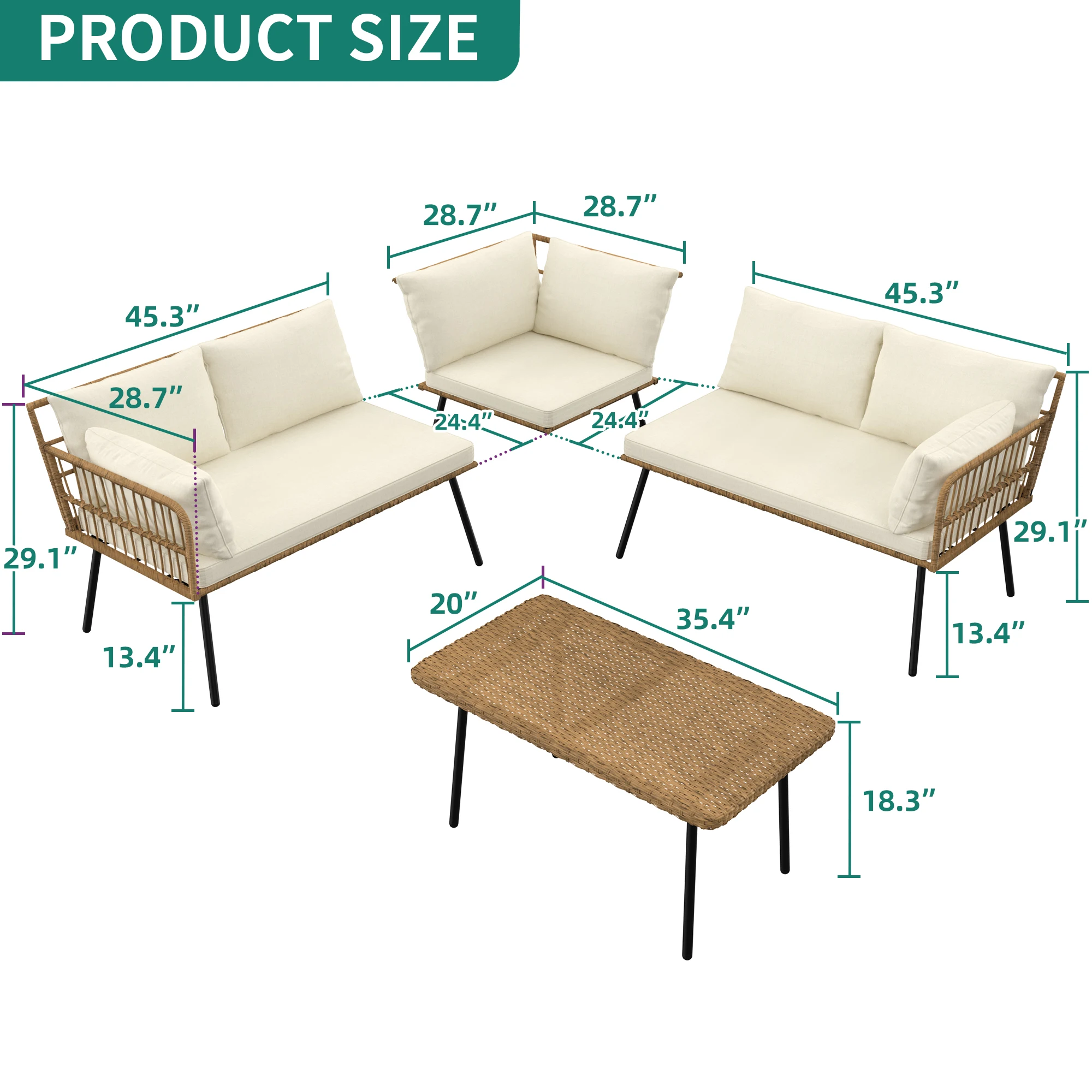 4 Pieces Patio L-Shaped Sofa Furniture Set Rattan Woven Patio Conversation Set
