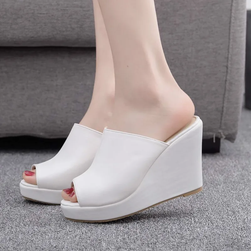 

Women Sandals Shoes Slip-On 10CM Wedges Heels Shallow Peep Toe Platform Heels Non-slip Female Slippers Pumps Shoes Plus Size 41