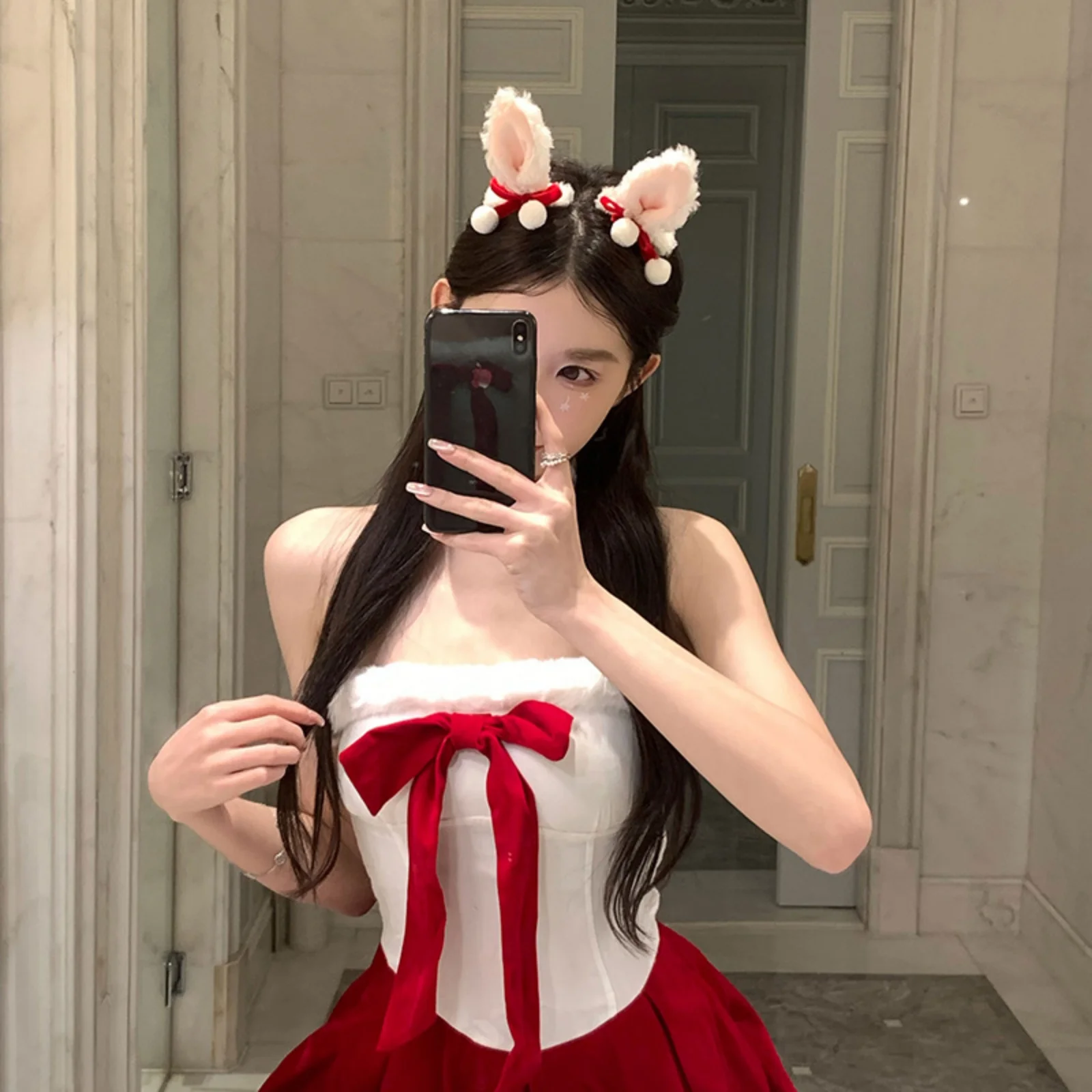 2PCS Christmas Bunny Ear Headband & Dress, Red White Plush Holiday Outfit, Cute Santa Cosplay Costume, Festive Xmas Party