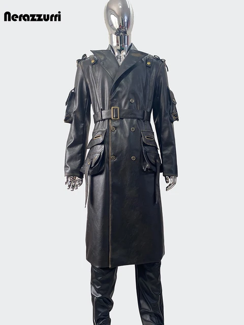 Nerazzurri Spring Autumn Cool Long Waterproof Distressed Black Pu Leather Trench Coat