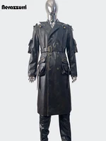 Nerazzurri Spring Autumn Cool Long Waterproof Distressed Black Pu Leather Trench Coat Men Belt Pockets Luxury Designer Clothes 1