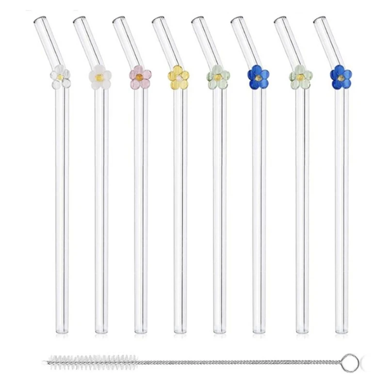 8PCS Colored flowers Drink Straws Reusable with Brush Drinking Straws Suitable for Beverage Coffee and Cocktails Drinking