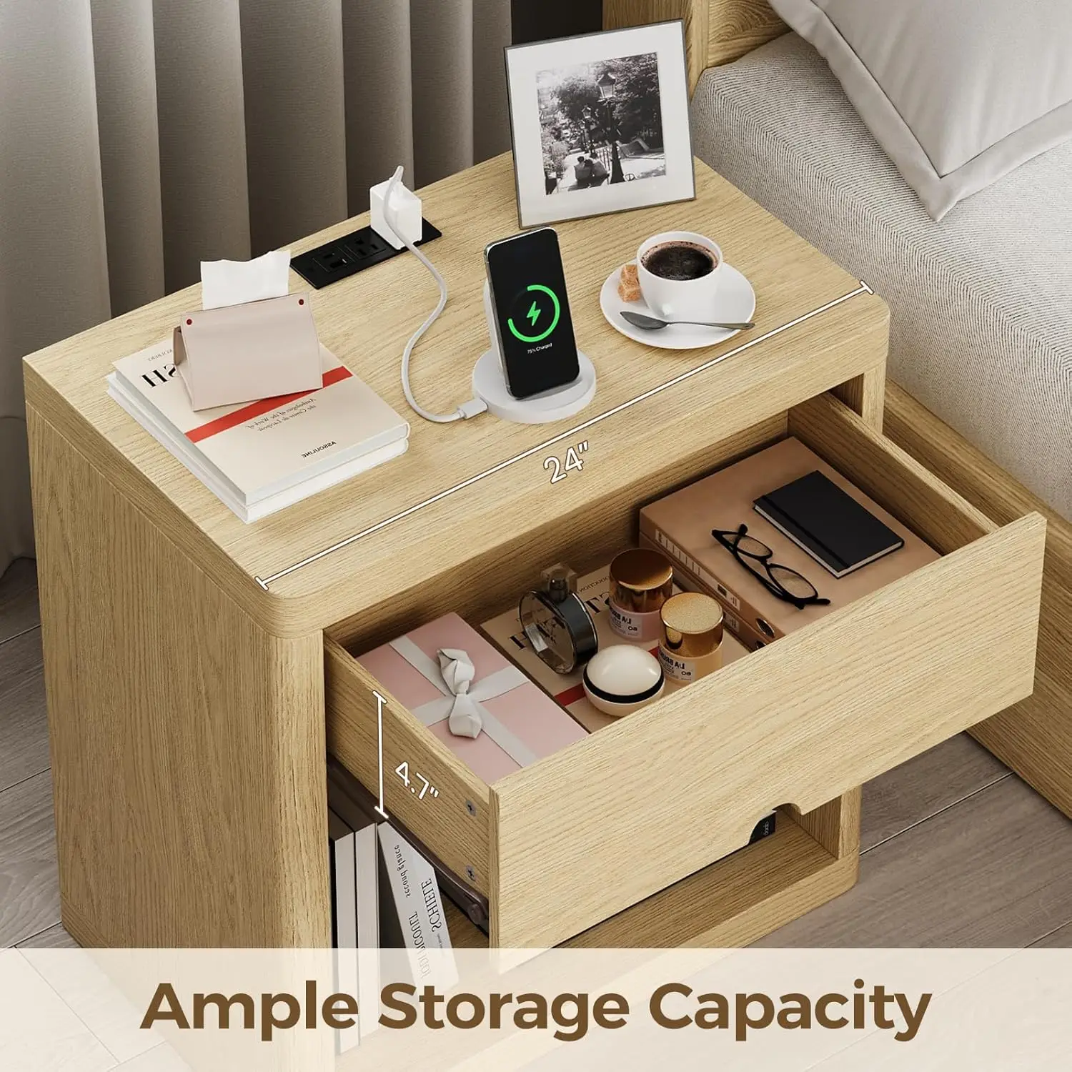 24" Wide Modern Nightstand with Drawer Storage Smooth Crescent Design Bed Side Table Large Wide End Table Minimalist Bedside