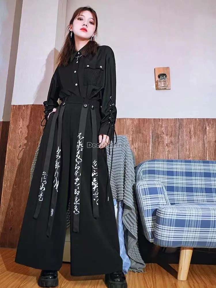 Wide Leg Trousers Ribbon design Chinese style men fashion wide leg trousers autumn retro loose wide leg long pants w39