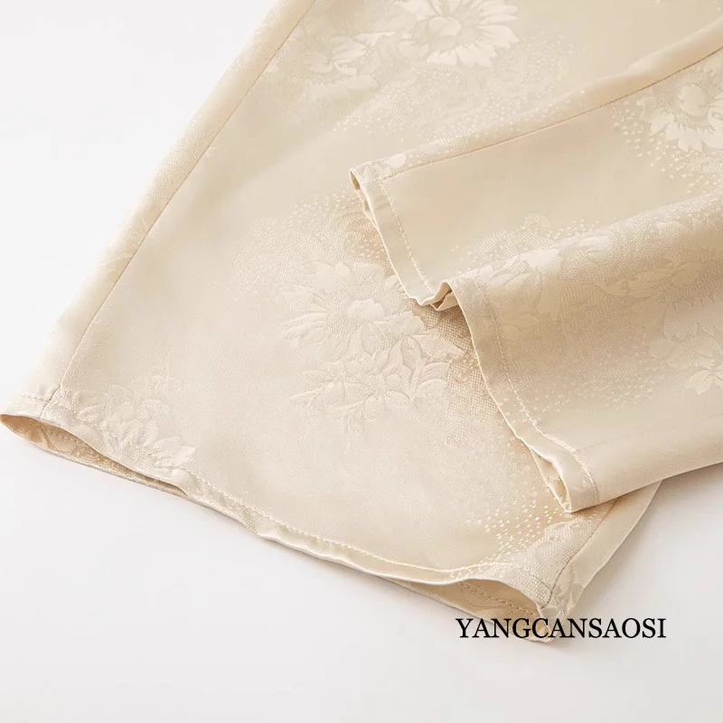 2024 Women's Fashion Summer New 100% Natural Mulberry Silk Jacquard Satin Champagne High Waist Draping Straight Casual Pants