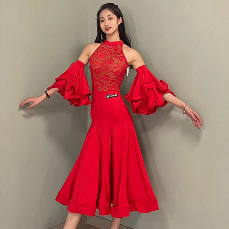 2022 Ballroom Dance Dress Red Competition Dress Latin Dance Wear Waltz
