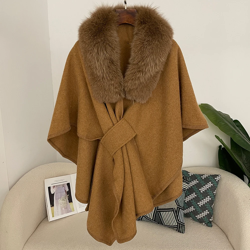 OFTBUY Spring Autumn Cloak Women 2025 New Solid Lanket Scarf Capes Female Fashion Luxury Real Fox Fur Coat Fur Collar Ponchos