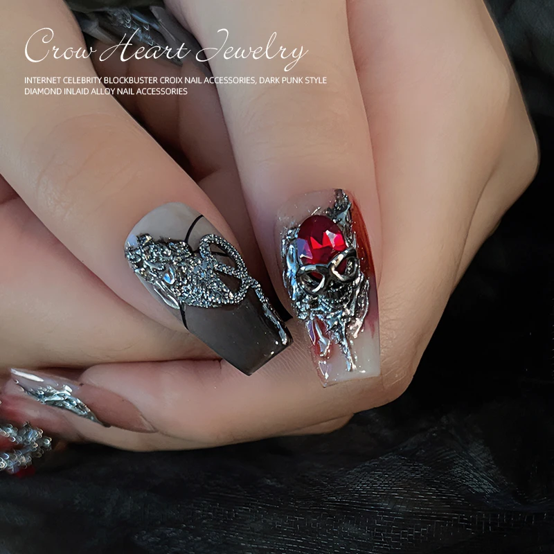 Nail Art Dark Gothic Manicure Alloy Decorated Ruby Crow Heart Skull Head Spider Terror Halloween