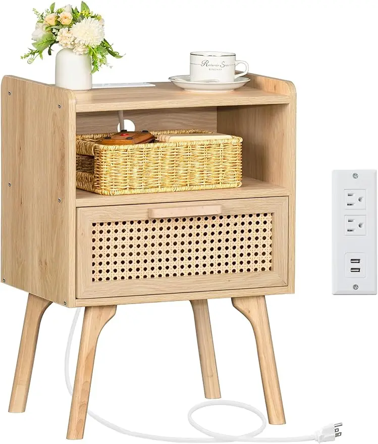 

Lerliuo Rattan Nightstand with Charging Station Boho Side Table with Drawer Open Shelf Cane Accent Bedside End Table with Solid