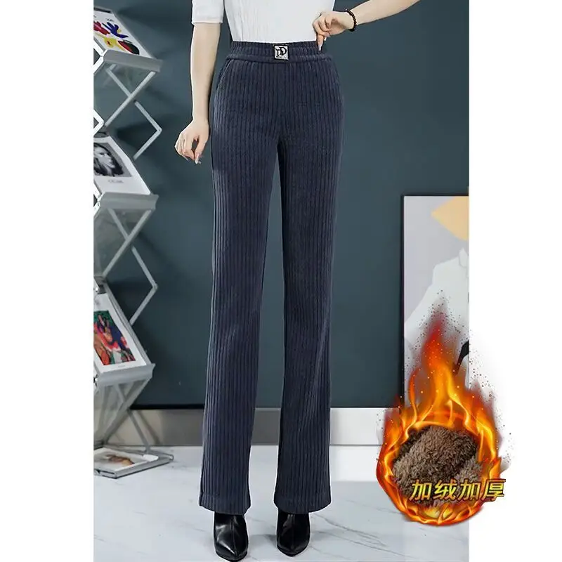 Autumn Winter Plus Velvet Straight Pants Women Letter Print Loose Vintage Sweatpants Office Lady High Waist Corduroy Pantalones