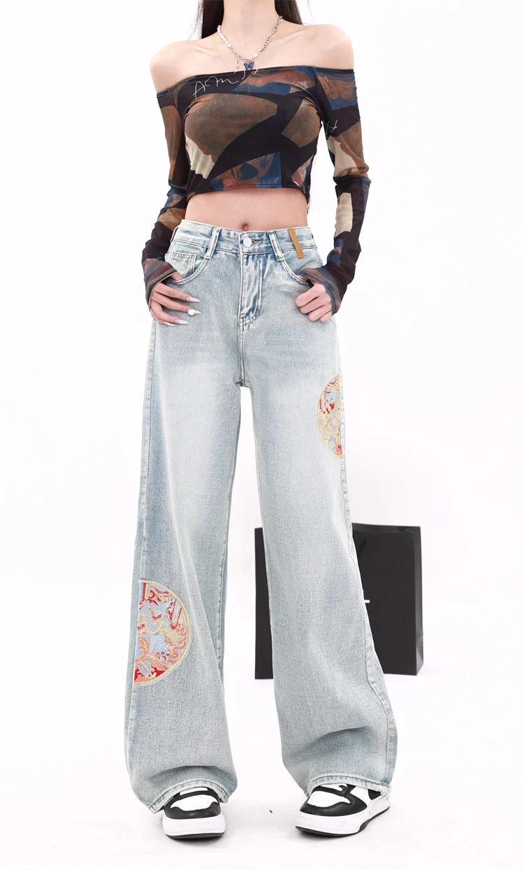 

Women's Chinese Style Embroidery Patterns Wide Leg Jeans Vintage Baggy Bottoms Young Girl Casual Trousers Female Loose Pants