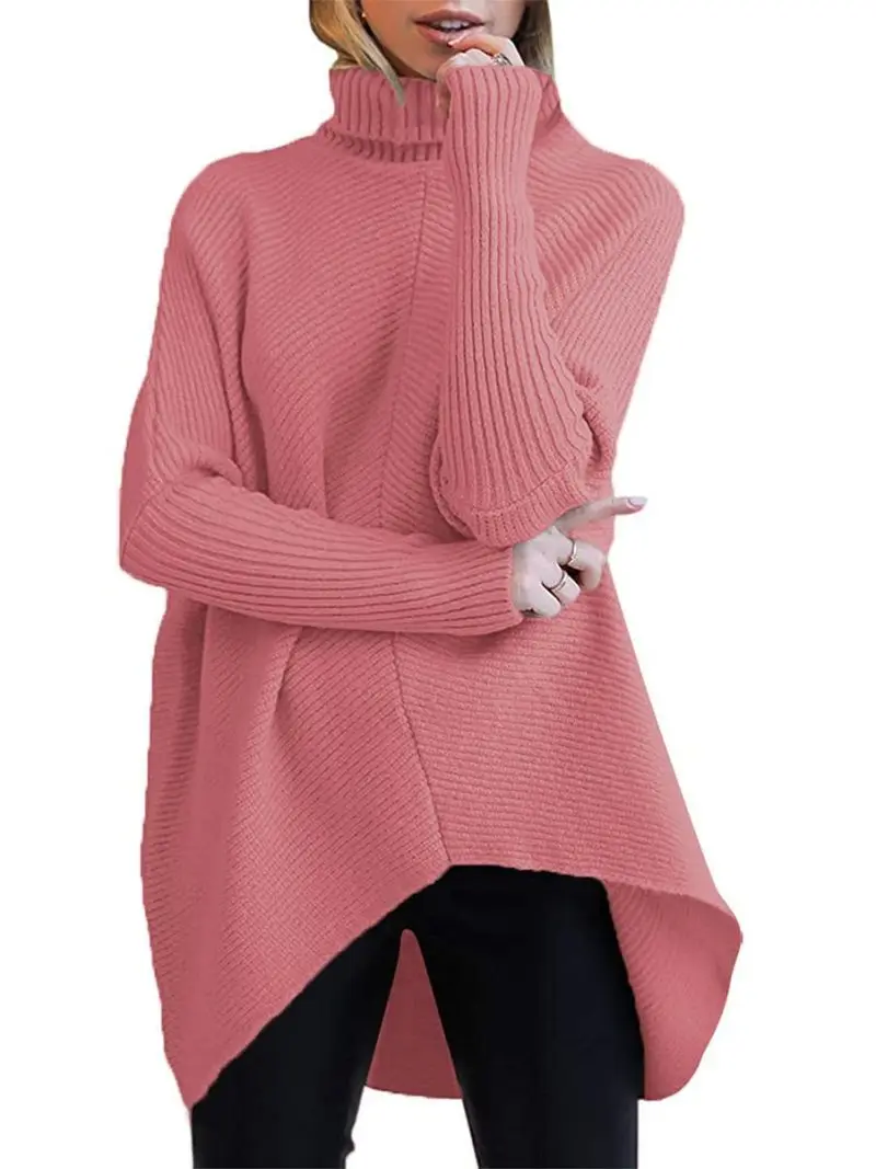 2021 New Turtleneck Womens High Neck Oversized Long Batwing Sleeve Asymmetric Hem Casual Pullover Super Soft Sweater Knit Tops black sweater