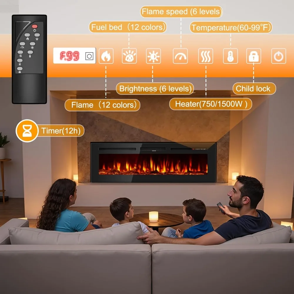 Electric Fireplace 60 Inches, Floating Wall Faux Fireplace Electric with Realistic Flames Ultra-Thin Fire Place Heater 4
