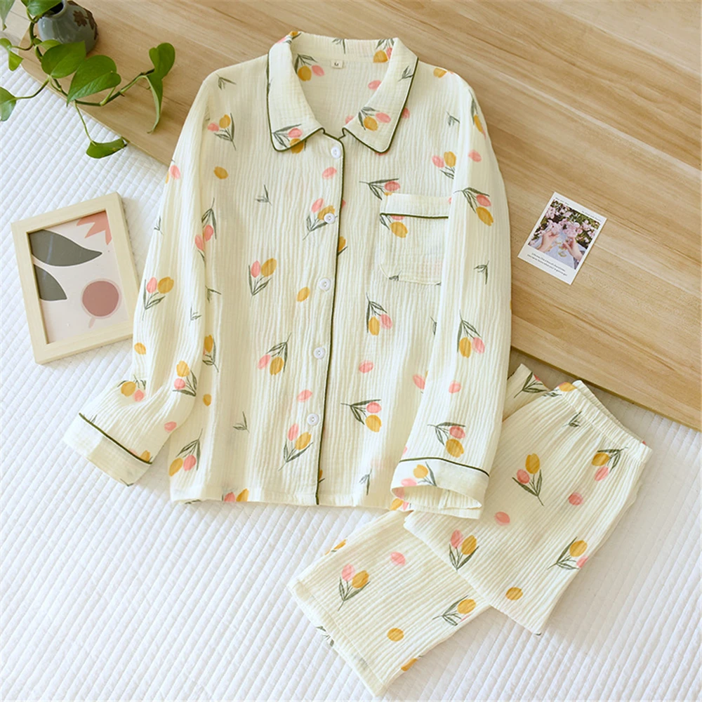 

New Spring and Autumn Women's Lapel Casual Pajamas Set 100% Cotton Crepe Yarn dyed Lovely Long Sleeve Pants Two Piece Home Suit
