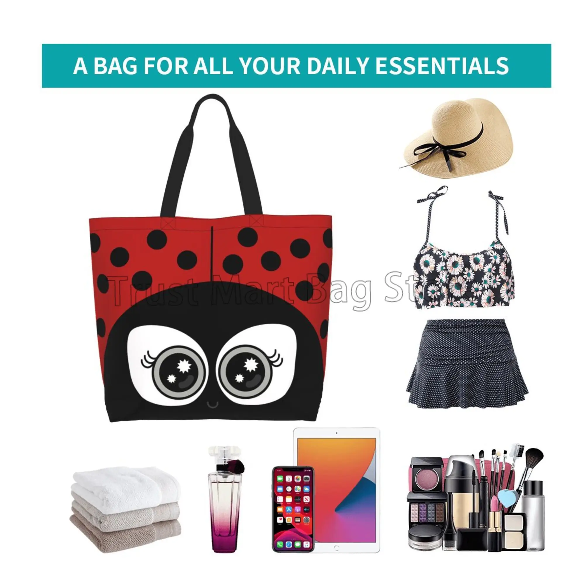 Cute Cartoon Ladybug Tote Bag for Women Beach Bag Portable 