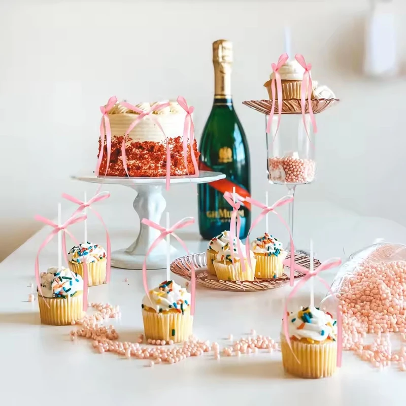 10/20Pcs Bow Cake Decorations Pink Bowknot Ribbon Cake Toppers Kids Girls Birthday Party Supplies Wedding Cake Decor Christmas