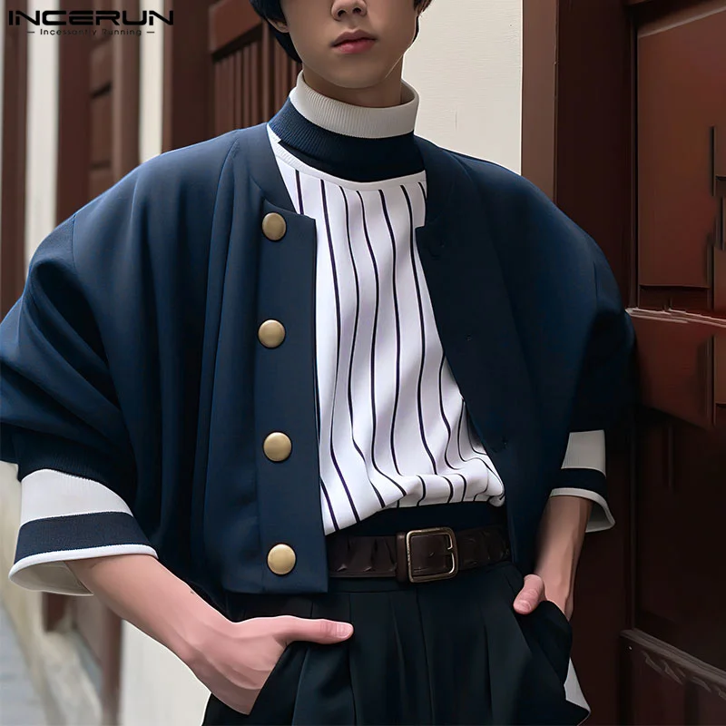 INCERUN Tops 2024 Korean Style Men Loose Shoulder Sleeve Jacket Coats Fashion Solid Cropped Long Sleeved Cardigan Jackets S-5XL