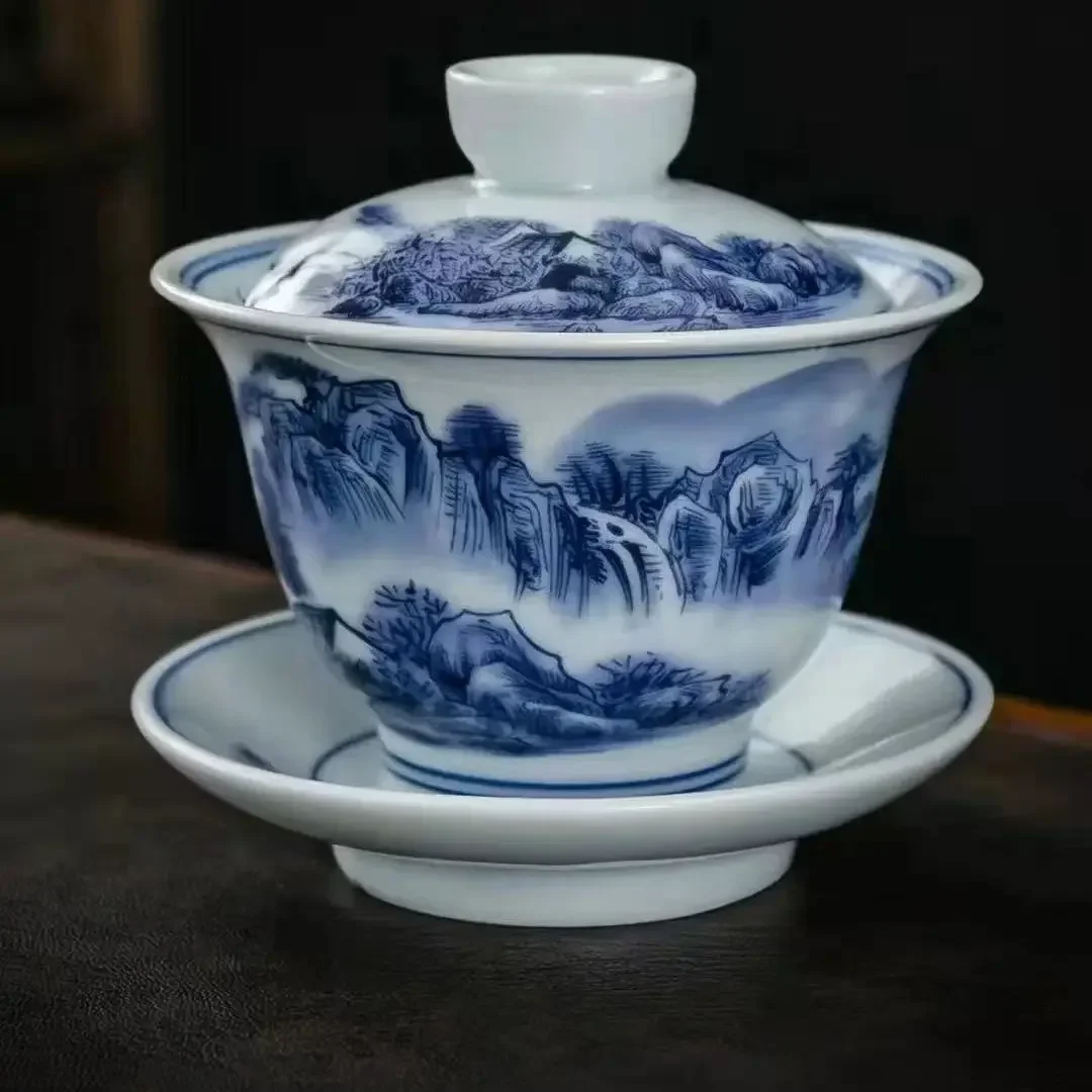 Jingdezhen Blue and White Porcelain Tea Tureen Ceramic Tea Bowl Large Chinese Kung Fu Tea Maker Landscape Painting Gaiwan 180ml