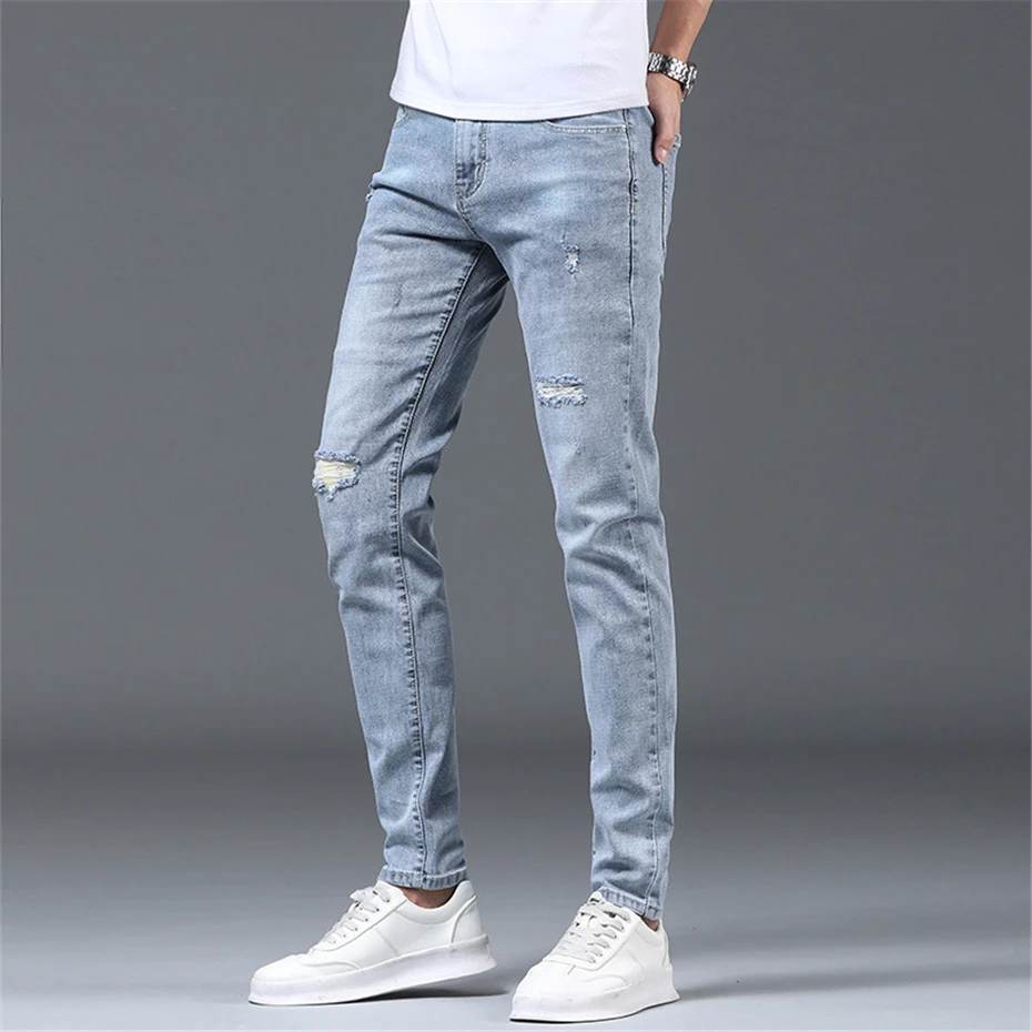 Slim Fit Denim Pants Men Straight Jeans Hold Fashion Casual Solid Color Denim Pants Male Jean Trousers Blue